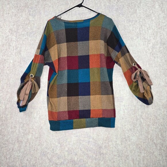 P.S. Kate Multicolor Plaid Sweater With Bow Sleeve Details Size M - Picture 2 of 6
